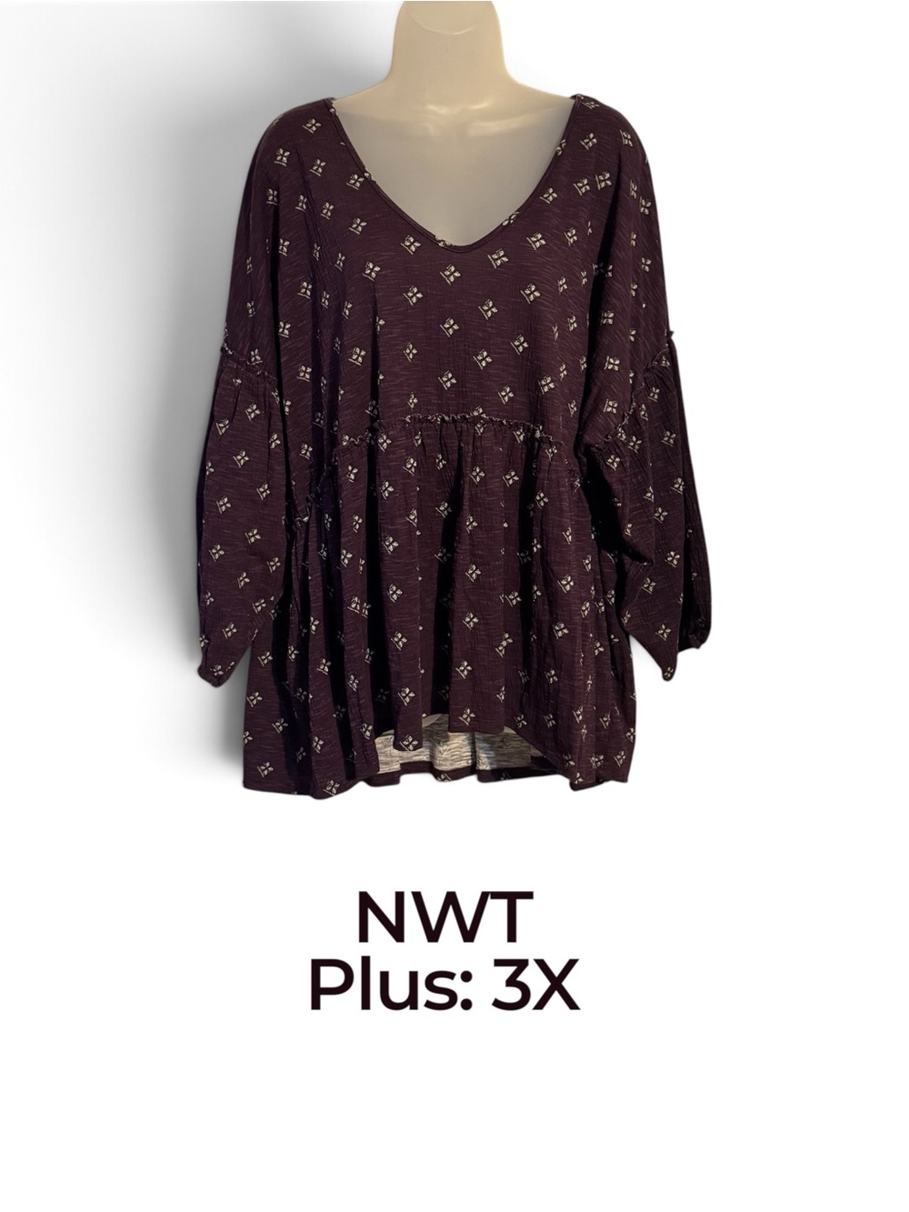 Wonderly Plus 3X Plum Printed V-Neck Peplum Tunic